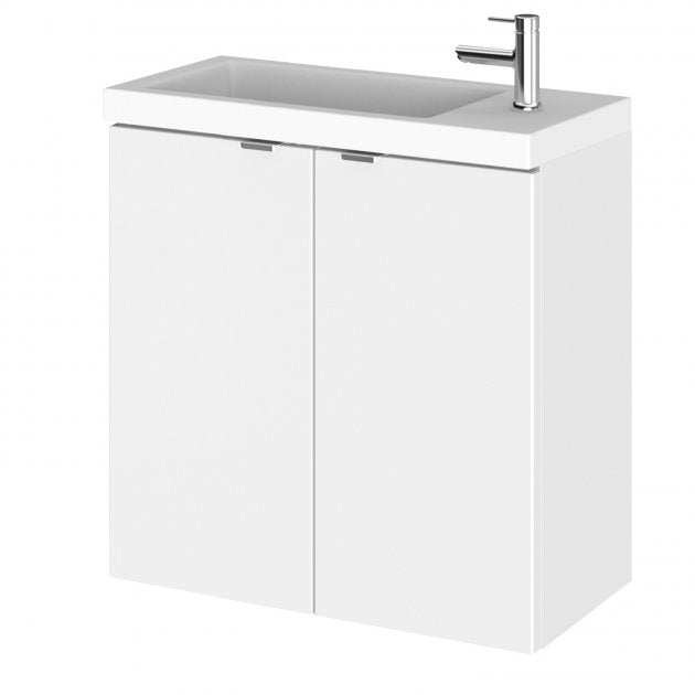 Hudson Reed Fusion Wall Hung 2-door vanity unit in gloss white with 500mm rectangular compact basin and chrome faucet