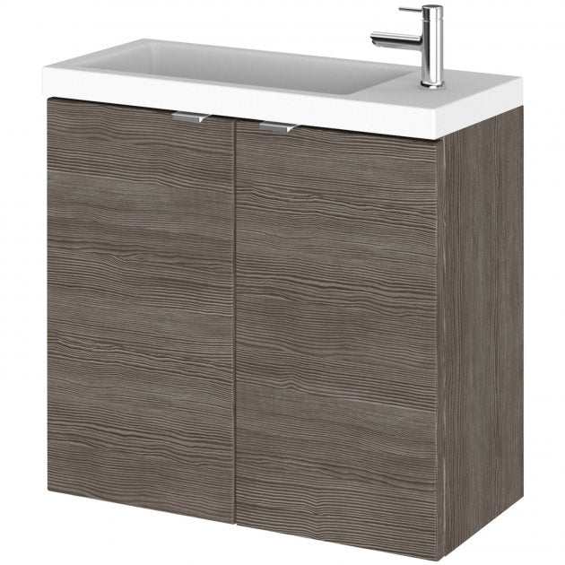 Hudson Reed Fusion 600mm wall hung bathroom vanity unit with compact basin in brown grey Avola finish and two doors for storage