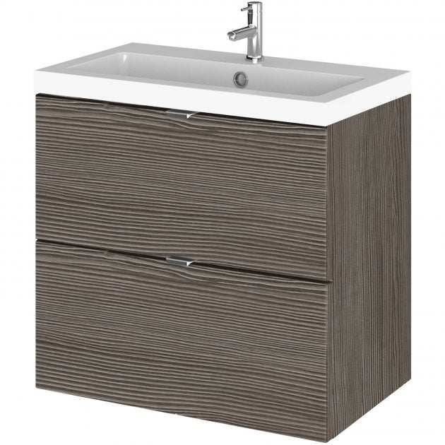 Hudson Reed Fusion 600mm wide wall hung bathroom vanity unit with basin in brown grey Avola finish and two drawers