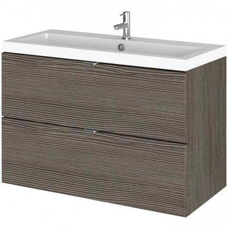 Hudson Reed Fusion 800mm wide wall hung vanity unit with basin in brown grey Avola finish and two drawers for storage