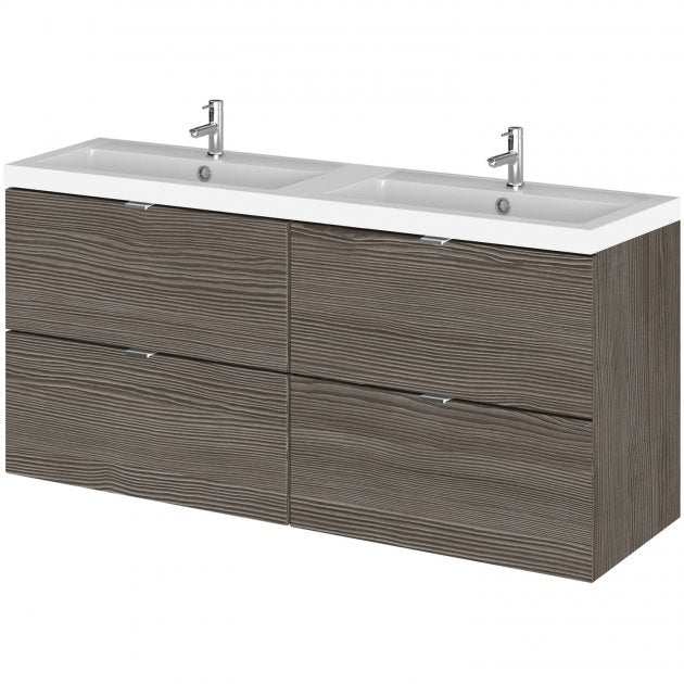 Hudson Reed Fusion 1200mm wide wall hung vanity unit with double basin and four brown grey Avola drawers
