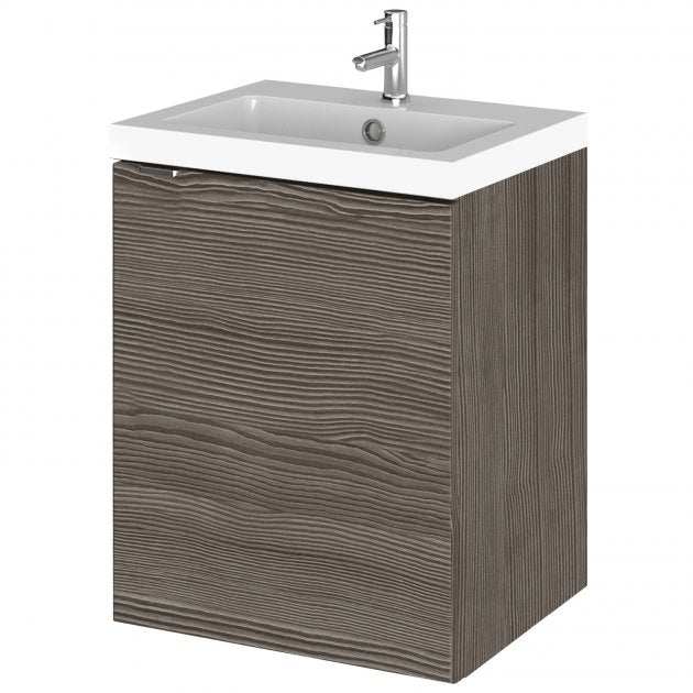 Hudson Reed Fusion 400mm wide wall hung vanity unit in brown grey Avola with ceramic basin and single door storage