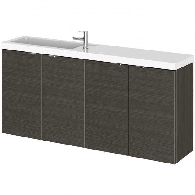 Hudson Reed Fusion modern wall hung 1200mm wide bathroom vanity unit with four soft-close doors and compact basin in Hacienda Black finish