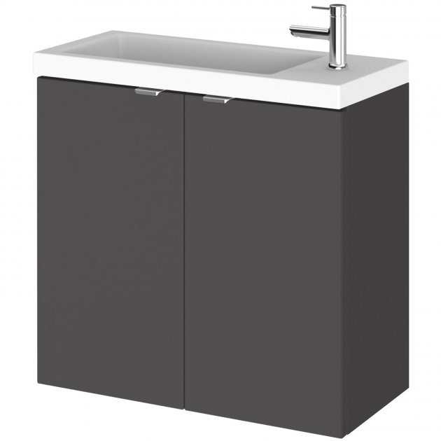 Hudson Reed Fusion wall hung vanity unit with gloss grey 2-door cabinet and compact white basin, 600mm wide