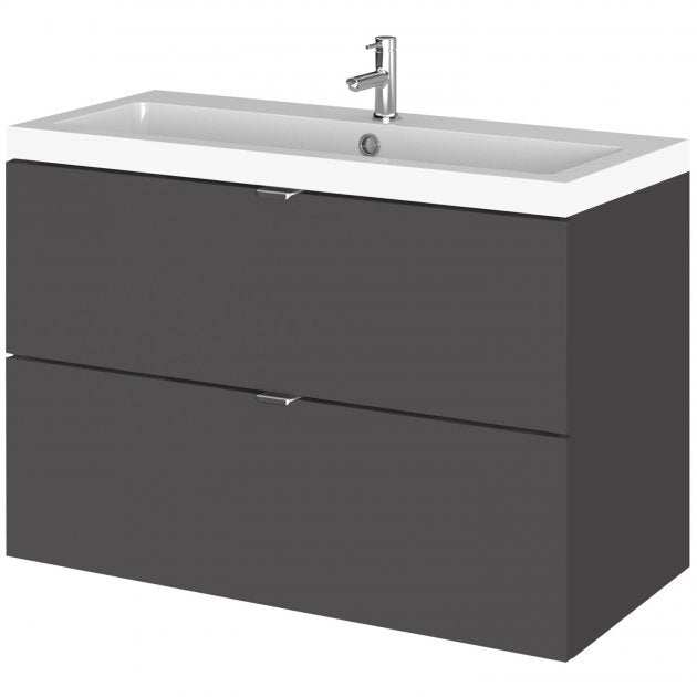 Hudson Reed Fusion 800mm wide gloss grey wall hung vanity unit with basin and two drawers