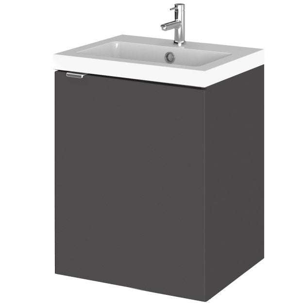 Hudson Reed Fusion 400mm wide gloss grey wall hung vanity unit with ceramic basin and handle-less design