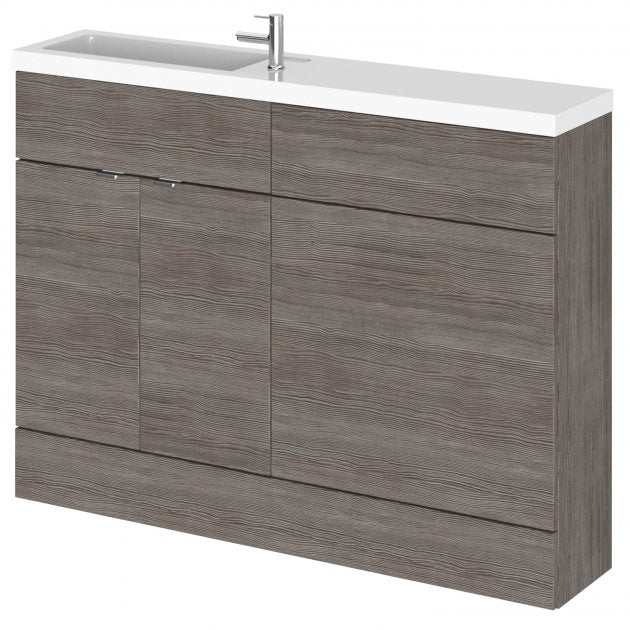 Hudson Reed Fusion compact floor standing bathroom combination unit in brown grey Avola finish with integrated 600mm WC unit and white basin top.
