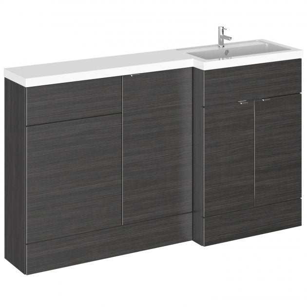 Hudson Reed Fusion modern 1500mm wide right-hand bathroom WC unit in Hacienda Black with integrated sink and storage cabinets