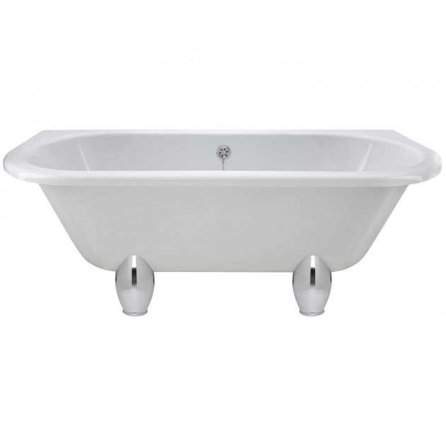 White Kenton traditional double-ended back to wall freestanding bath with sleek acrylic body and Deacon style legs, 1700mm x 750mm.
