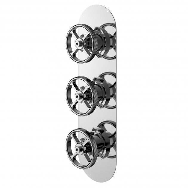 Chrome triple handle concealed shower valve with industrial design for precise temperature and flow control