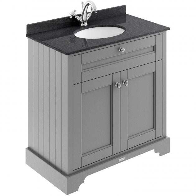 Hudson Reed Old London traditional floor-standing vanity unit in storm grey with black marble top basin and 3 tap holes.