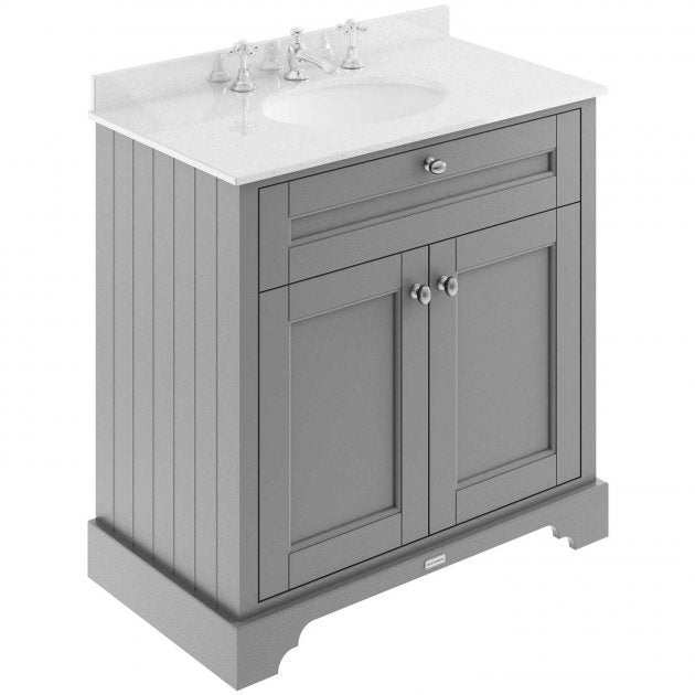 Hudson Reed Old London floor standing vanity unit with white marble top basin and storm grey finish