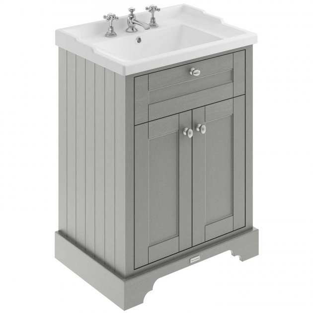 Hudson Reed Old London traditional storm grey floor standing vanity unit with 3 tap hole basin and storage cabinet, 600mm wide