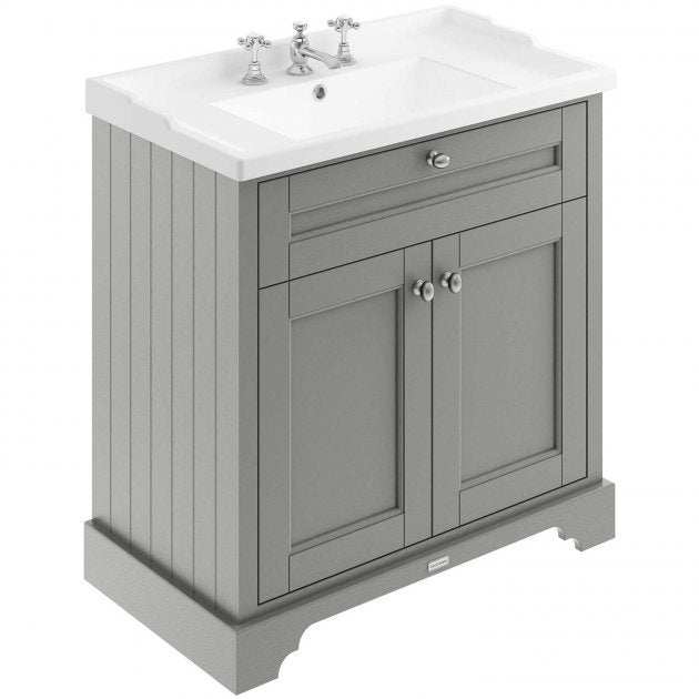 Hudson Reed Old London traditional floor standing vanity unit in storm grey with 800mm width and 3 tap hole basin