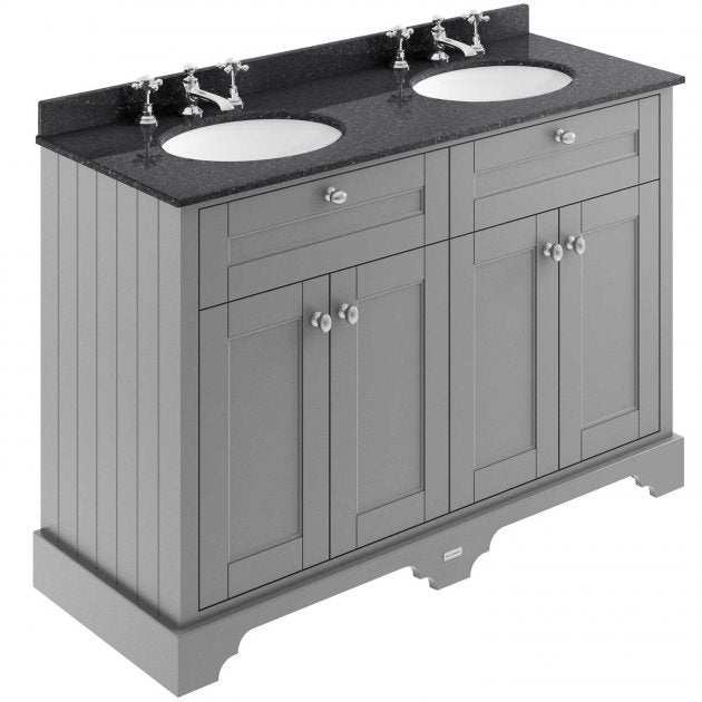 Hudson Reed Old London traditional floor standing bathroom vanity unit in storm grey with double sinks and marble countertop