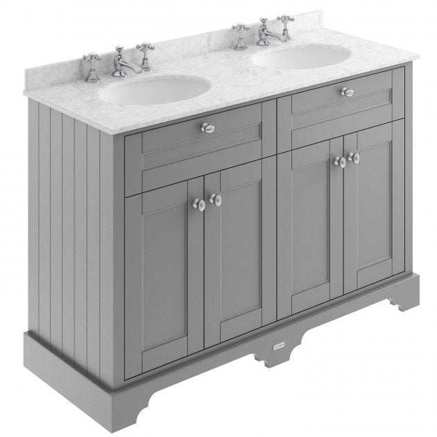 Old London Traditional floor standing bathroom vanity unit with storm grey finish and grey marble double basin top