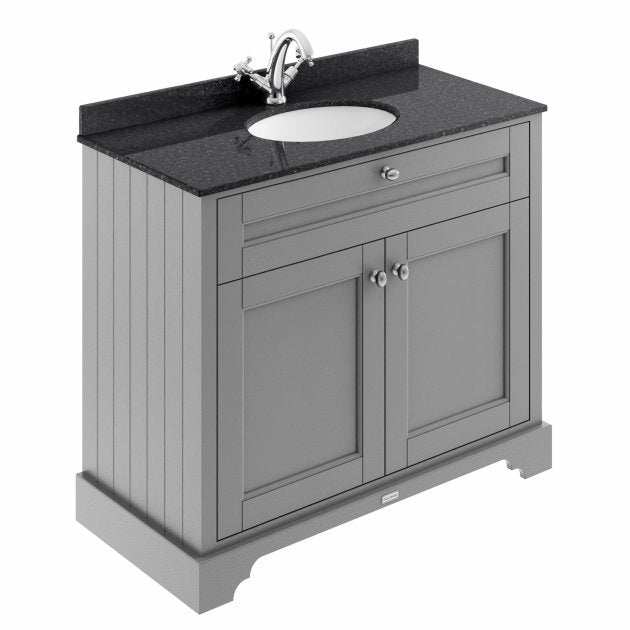 Storm grey Old London floor standing vanity unit with rectangular black marble top basin and storage cabinet
