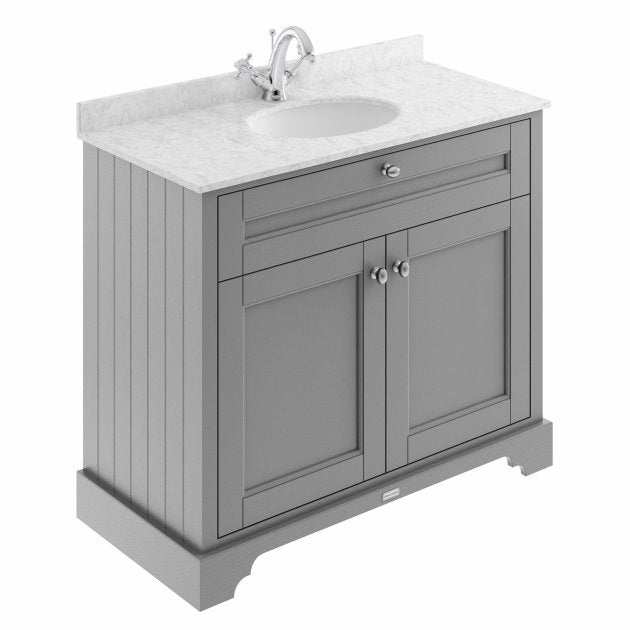 Hudson Reed Old London storm grey floor standing vanity unit with grey marble rectangular basin and two doors