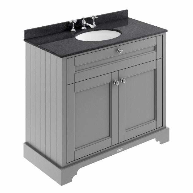 Storm grey Old London floor standing vanity unit with black marble rectangular basin and three tap holes