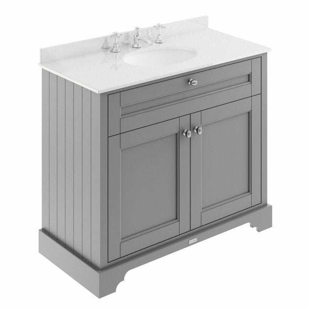 Hudson Reed Old London floor standing vanity unit with storm grey cabinet and white marble top basin, 1000mm wide