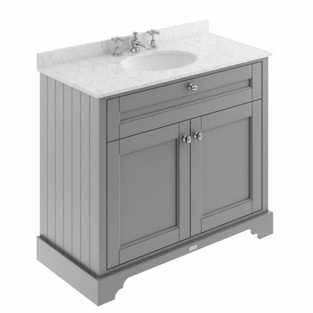 Hudson Reed Old London floor standing vanity unit with rectangular basin in twilight blue, 600mm wide, featuring soft-close doors and satin chrome handles