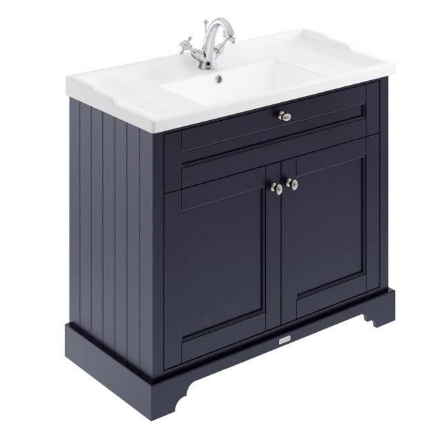 Hudson Reed Old London floor standing vanity unit with rectangular basin in twilight blue and white countertop