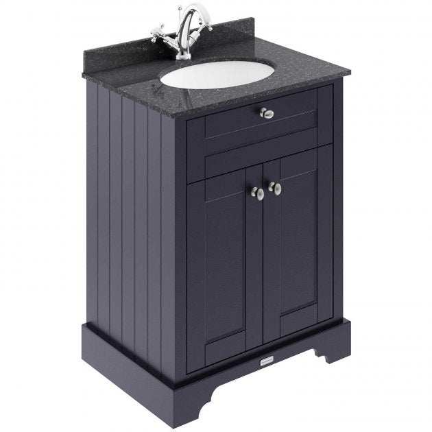Hudson Reed Old London traditional floor standing vanity unit in twilight blue with black marble top basin and storage cabinet.