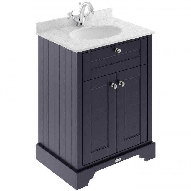 Hudson Reed Old London Twilight Blue traditional floor standing vanity unit with grey marble top basin and storage cupboard