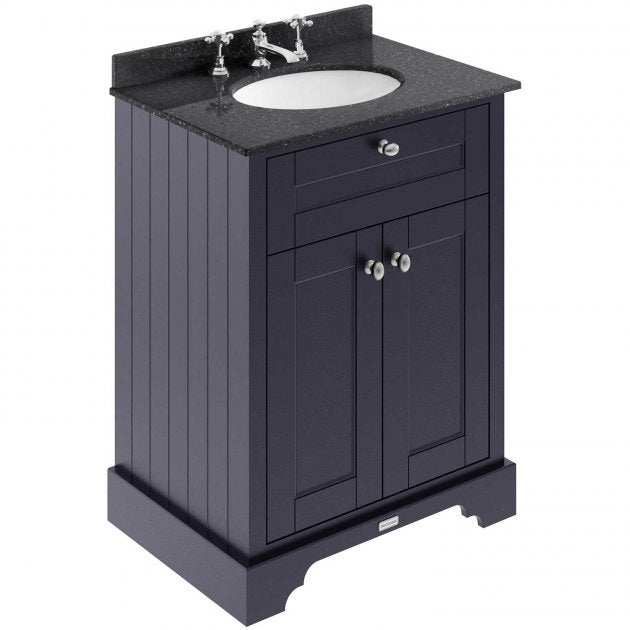 Old London Traditional style floor standing vanity unit in twilight blue with black marble top and 3 tap hole basin, 600mm wide
