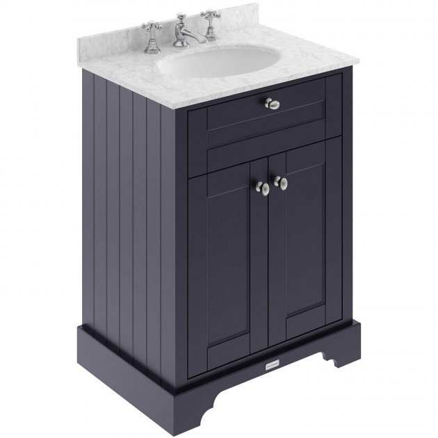 Hudson Reed Old London Twilight Blue floor standing vanity unit with grey marble top and 3 tap hole basin
