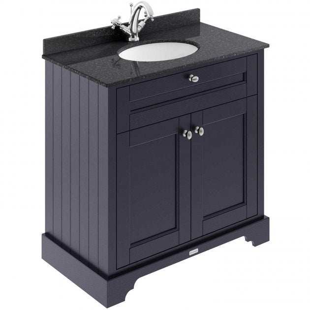 Old London traditional floor standing vanity unit in twilight blue with black marble top basin and chrome handles