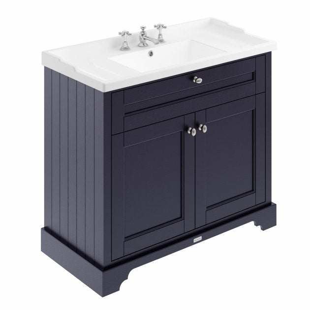 Hudson Reed Old London traditional floor standing vanity unit in twilight blue with 1000mm wide 3TH basin