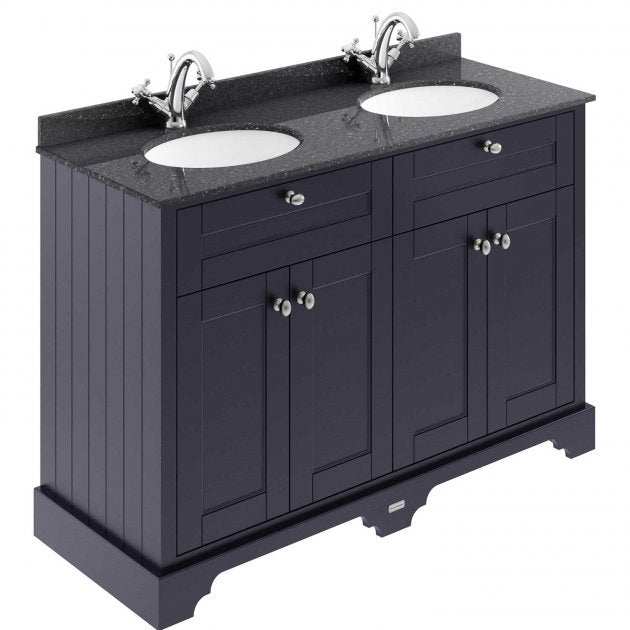 Hudson Reed Old London traditional floor standing vanity unit in twilight blue with black marble double basin top and soft close doors