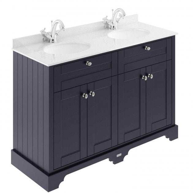 Old London Traditional floor standing vanity unit in twilight blue with white marble top and double basins