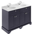 Old London Traditional Vanity Unit in twilight blue with grey marble double basin and storage cabinets