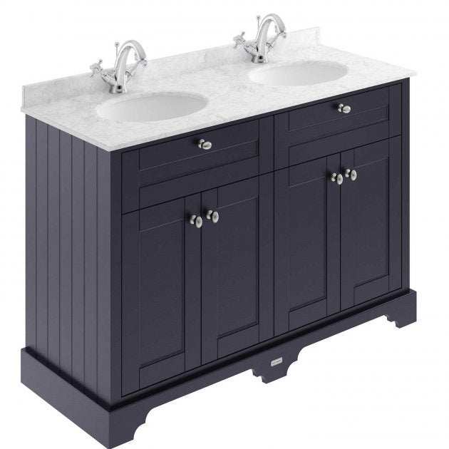 Old London Traditional Vanity Unit in twilight blue with grey marble double basin and storage cabinets