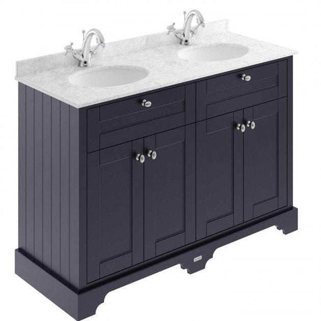 Old London Traditional Vanity Unit in twilight blue with grey marble double basin and storage cabinets