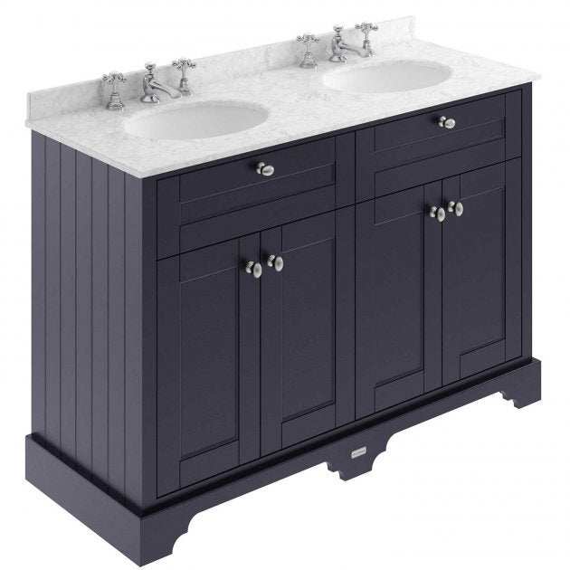 Hudson Reed Old London traditional twilight blue floor standing vanity unit with grey marble double basin and three tap holes, 1200mm wide