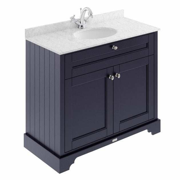 Hudson Reed Old London traditional floor standing vanity unit in twilight blue with grey marble top basin and storage cabinet