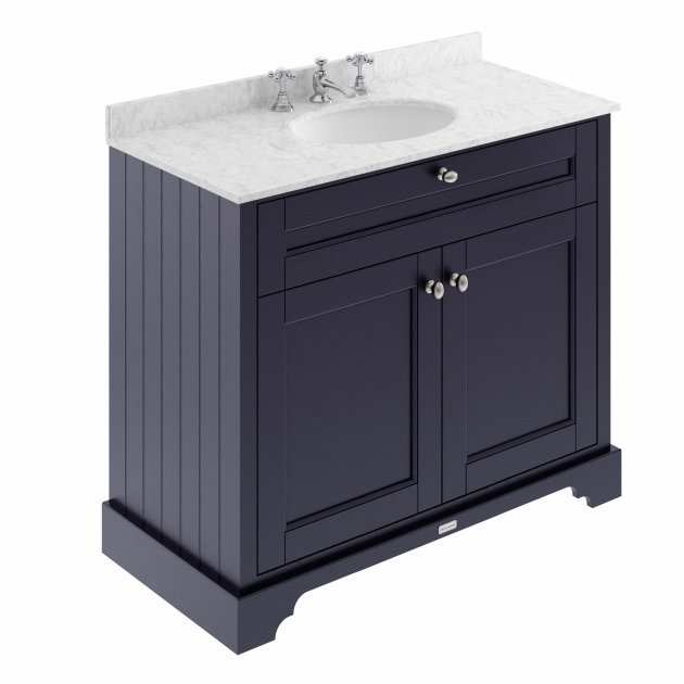 Hudson Reed Old London twilight blue traditional floor standing vanity unit with grey marble top and 3 tap holes, 1000mm wide
