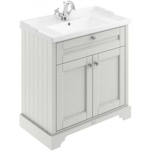 Hudson Reed Old London traditional floor standing vanity unit with integrated 1TH basin and Timeless Sand finish, 600mm wide bathroom storage cabinet.
