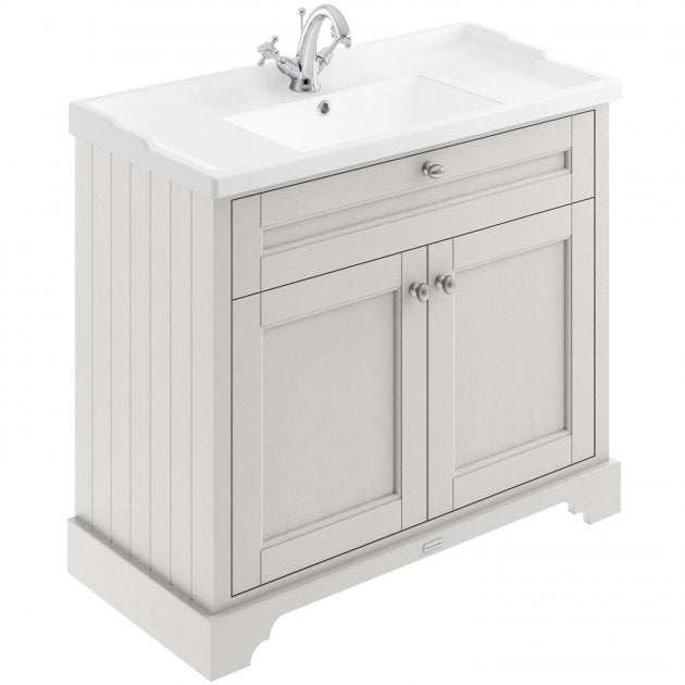 Old London Traditional floor-standing vanity unit with 1TH basin in timeless sand finish, 1000mm wide with classic storage cabinetry