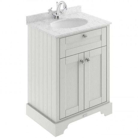Old London traditional floor standing vanity unit with grey marble top basin and Timeless Sand finish, 600mm wide