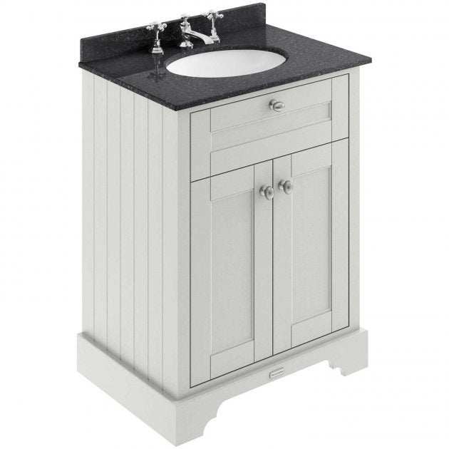 Hudson Reed Old London floor standing vanity unit with 600mm black marble top basin in timeless sand finish