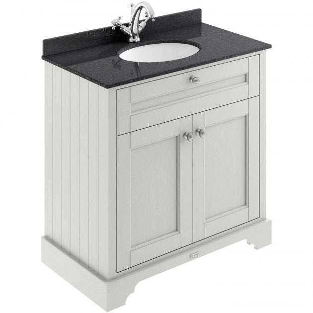 Hudson Reed Old London traditional floor standing vanity unit in Timeless Sand with 800mm width and black marble top basin with one tap hole