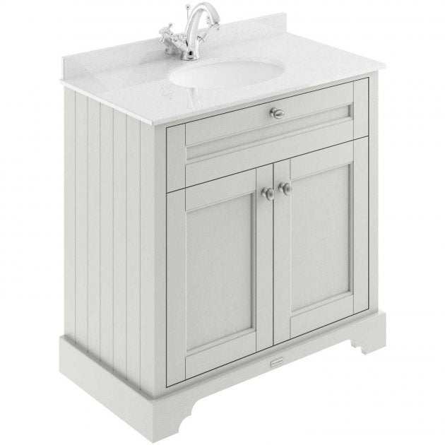 Hudson Reed Old London traditional floor standing vanity unit in timeless sand with 1TH white marble top basin, 800mm wide.