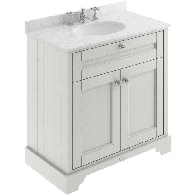 Hudson Reed Old London traditional floor standing vanity unit with grey marble top basin and timeless sand finish