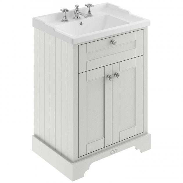 Hudson Reed Old London traditional floor standing vanity unit with 3TH ceramic basin in timeless sand, 600mm wide