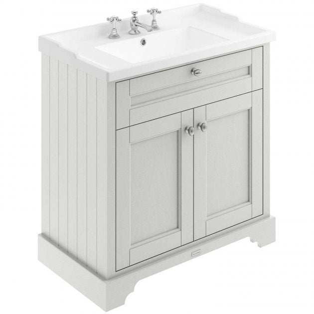 Hudson Reed Old London traditional floor standing vanity unit in timeless sand with 3-tap hole basin and 800mm width