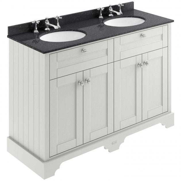Hudson Reed Old London traditional floor standing vanity unit with double black marble top basin and timeless sand finish